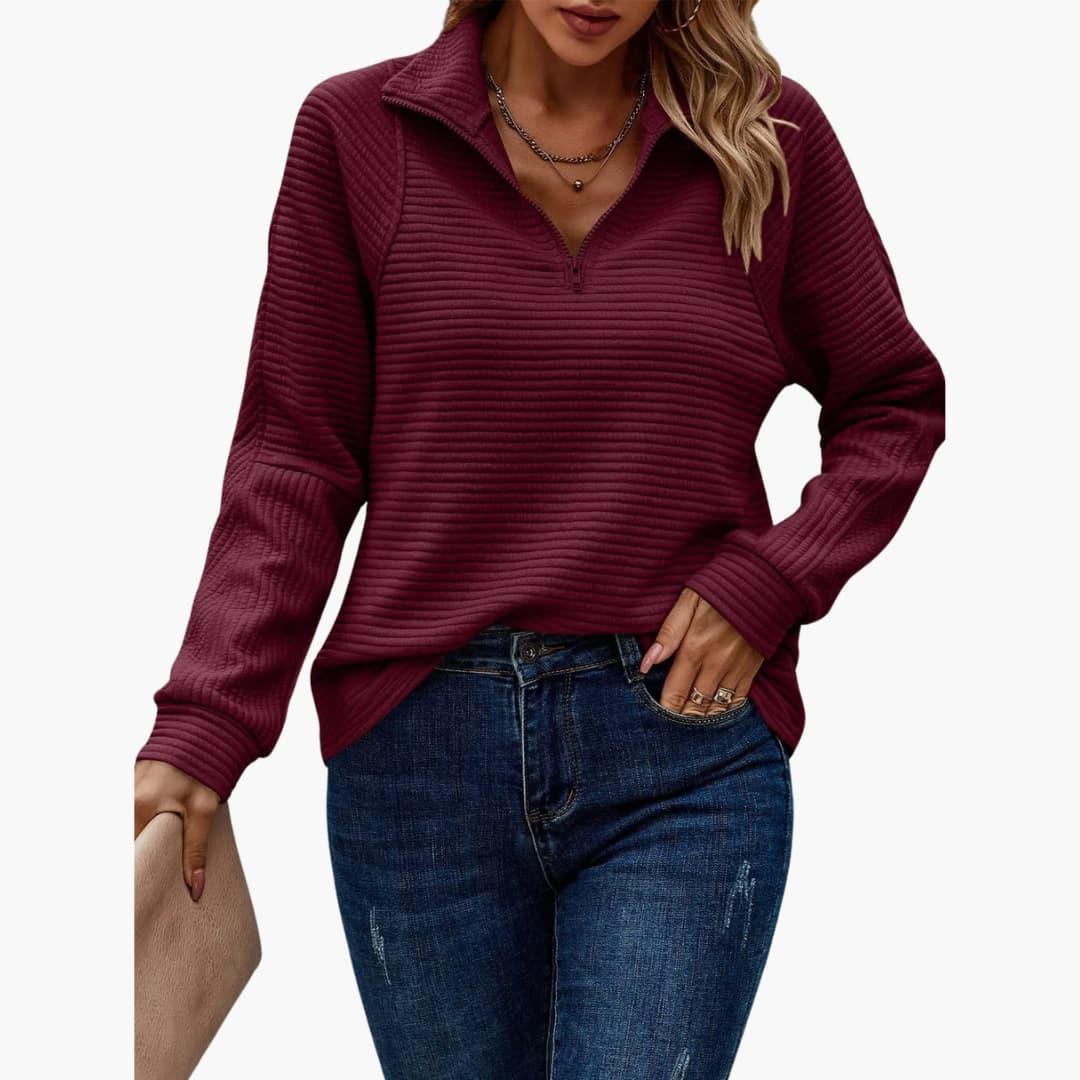 Ribbed Knit Quarter-Zip Pullover – Women's Casual Jumper