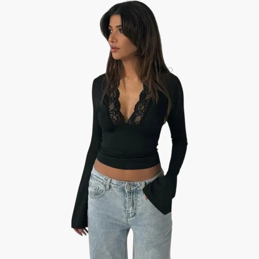 Low Cut Lace Flare Top - V Neck Semi-Cropped for Women