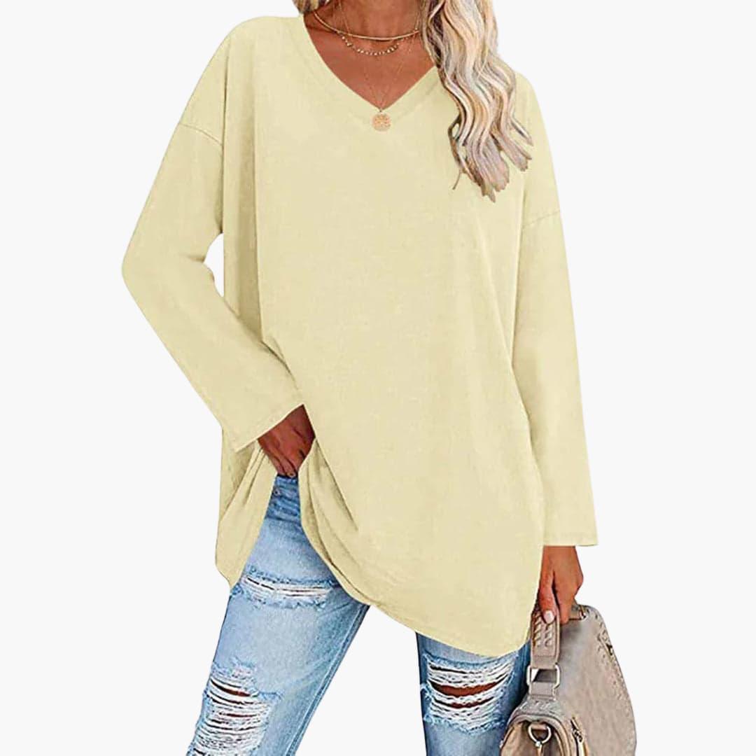 Elegant Loose Long Sleeve Blouse - V-Neck Top for Women