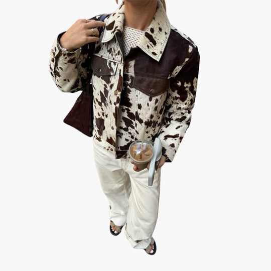 Cow Print Denim Jacket – Women's Western Button-Up Coat