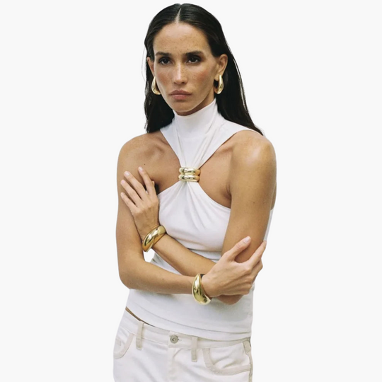 High Neck Halter Top with Gold Accent - Women's Evening Wear