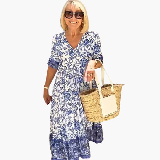 Boho Dress - Women’s Floral V-Neck Midi with Tiered Hem