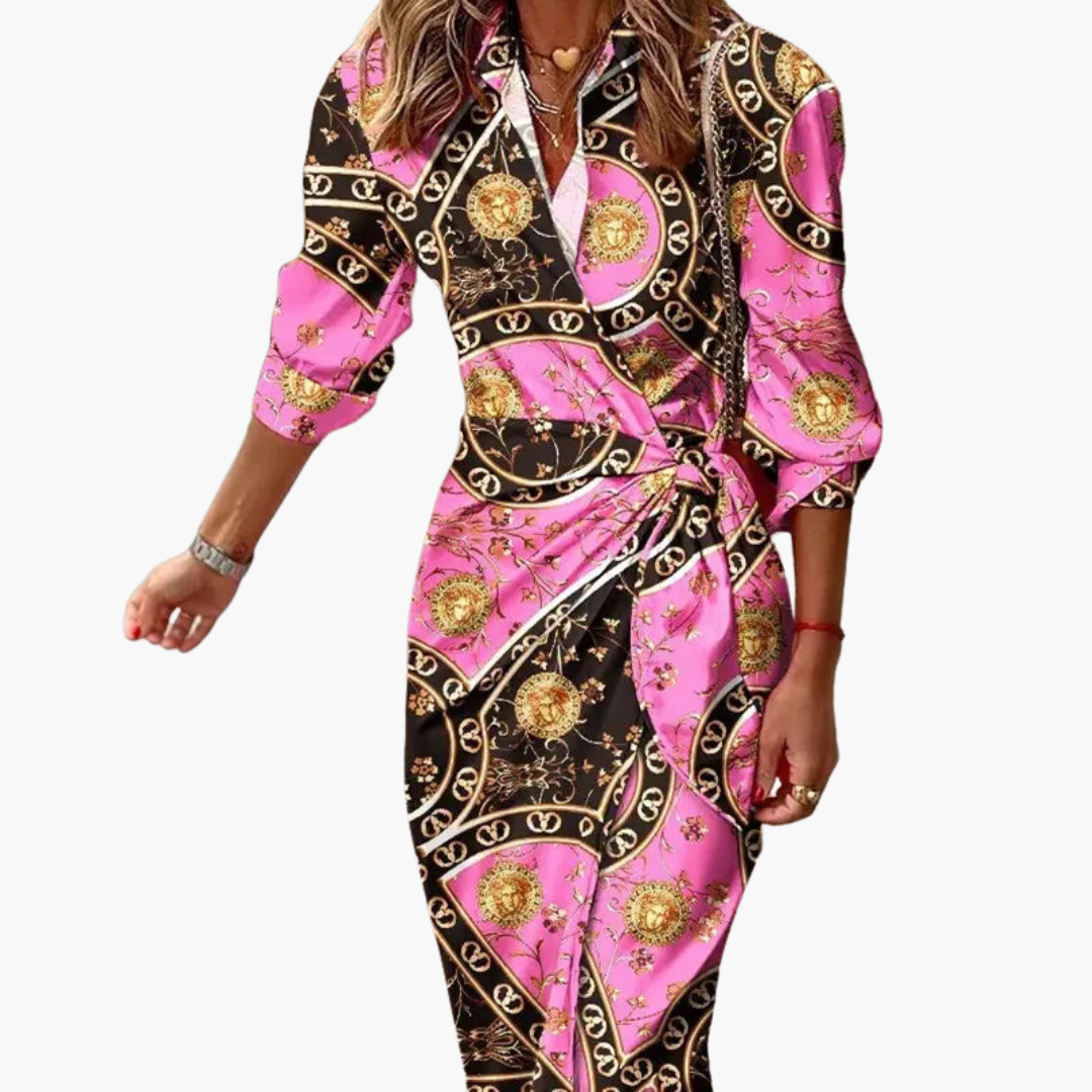 Midi Wrap Dress with 3/4 Sleeves for Women – Striped Pattern
