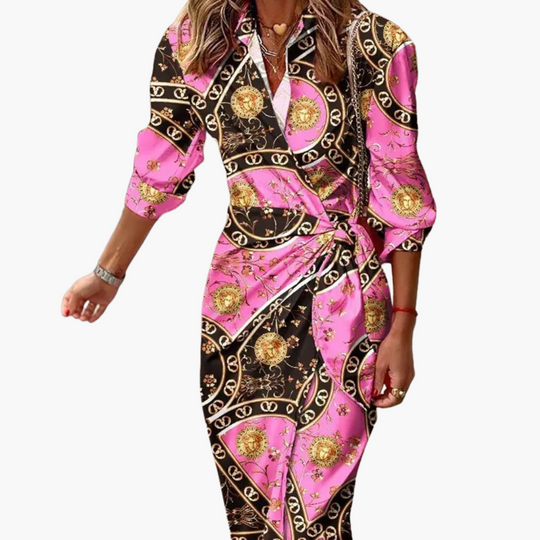 Midi Wrap Dress with 3/4 Sleeves for Women – Striped Pattern