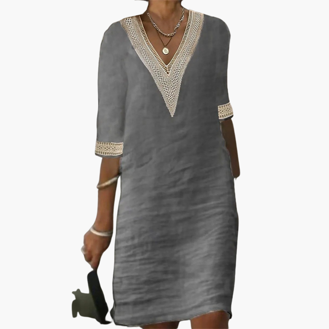 Elegant V-Neck Lace Trim Dress for Women – Chic & Flattering
