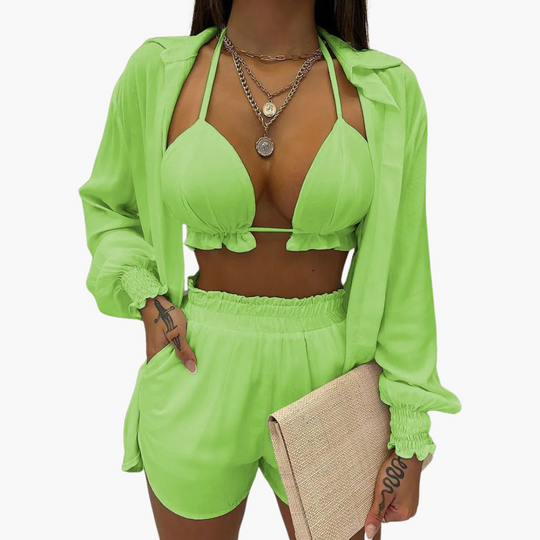 Three-Piece Beach Set - Women's Pastel Summer Co-Ord Outfit