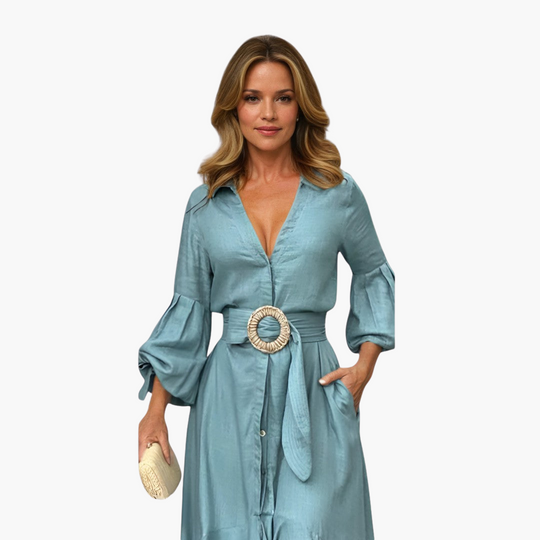 Belted Midi Dress for Women - Puff Sleeve & Ruffle Hem Style