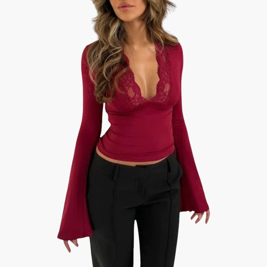 Low Cut Lace Flare Top - V Neck Semi-Cropped for Women