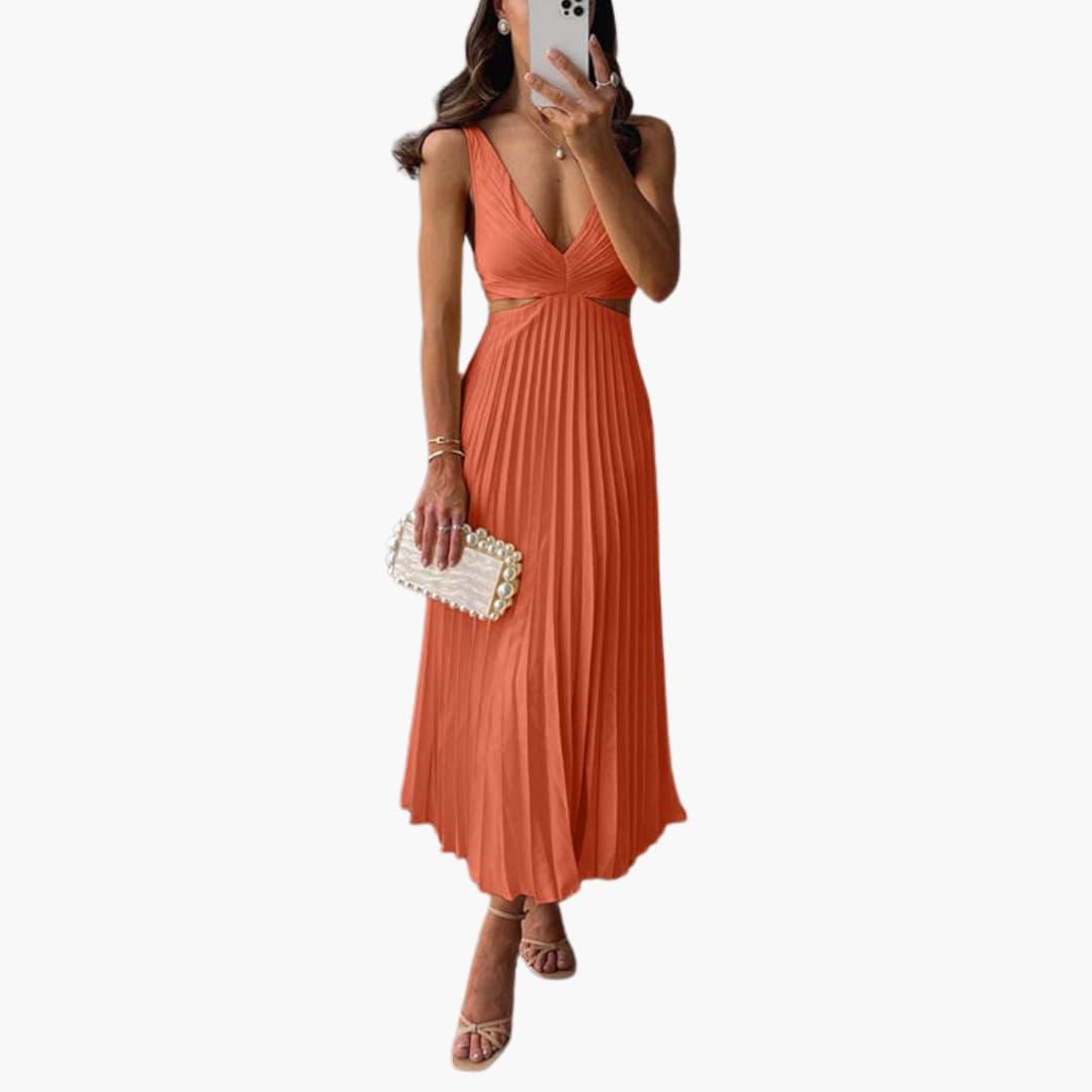 Pleated Neckline Dress for Women - Elegant Midi Style