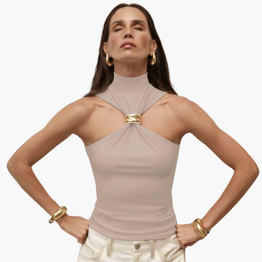 High Neck Halter Top with Gold Accent - Women's Evening Wear