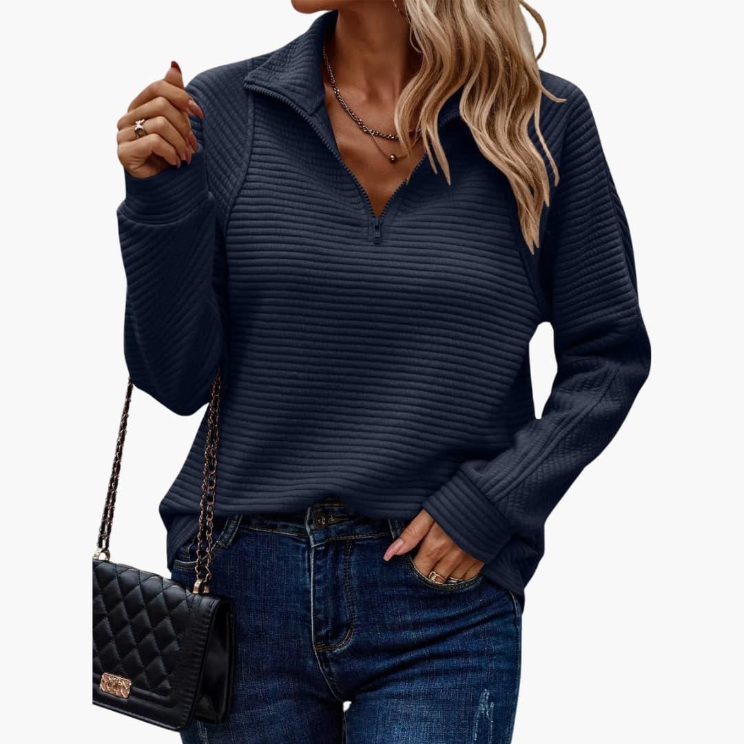 Ribbed Knit Quarter-Zip Pullover – Women's Casual Jumper