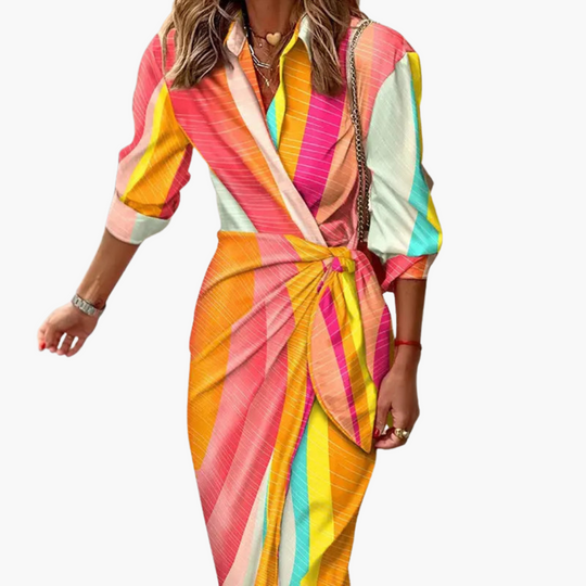 Midi Wrap Dress with 3/4 Sleeves for Women – Striped Pattern