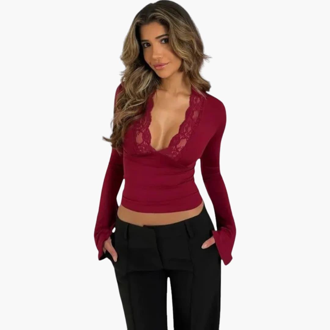 Low Cut Lace Flare Top - V Neck Semi-Cropped for Women