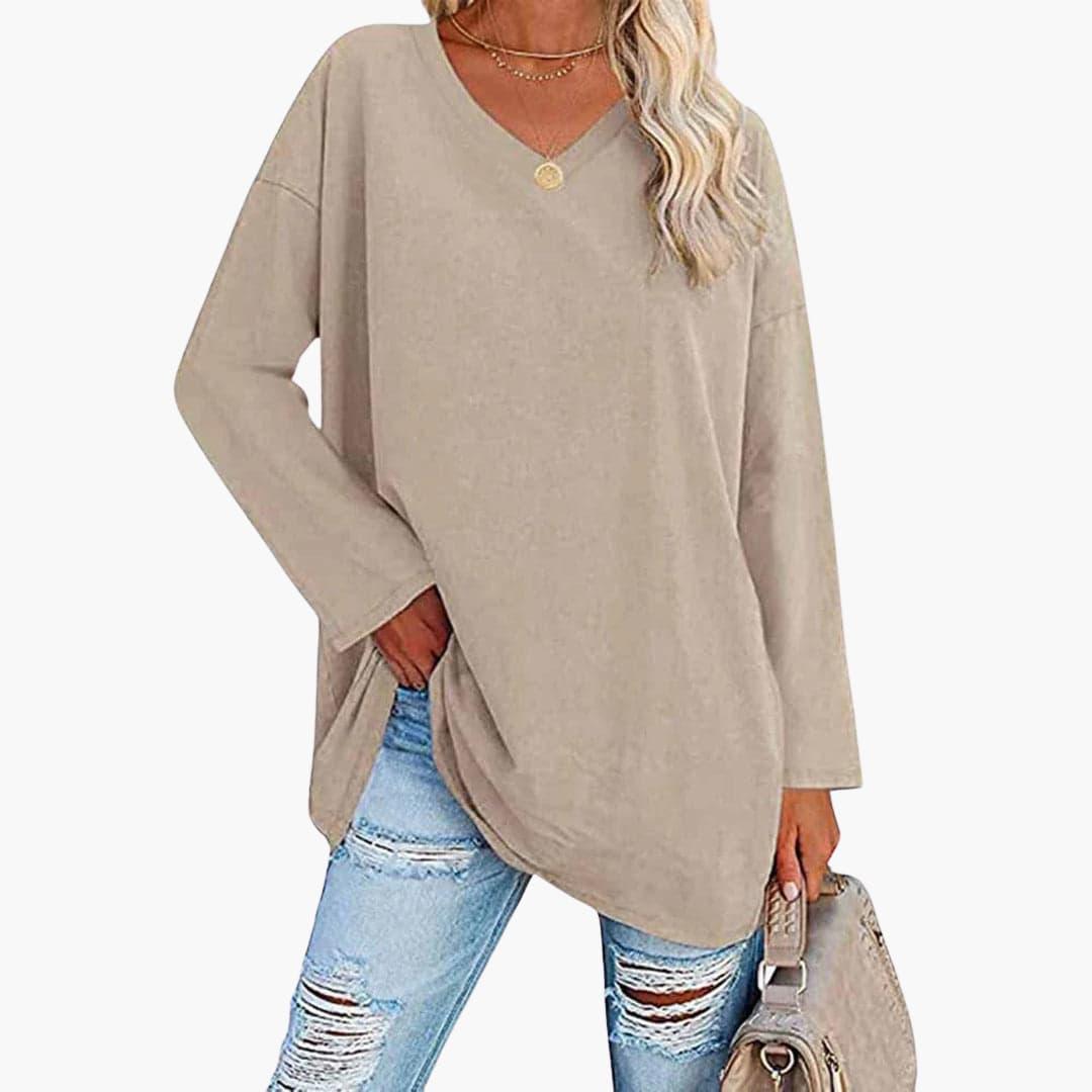 Elegant Loose Long Sleeve Blouse - V-Neck Top for Women