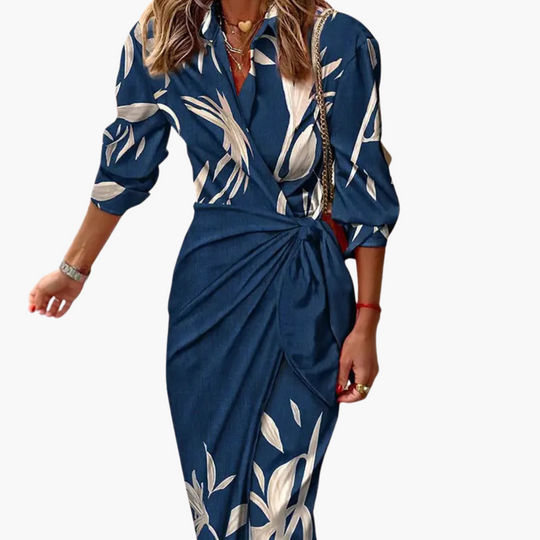 Midi Wrap Dress with 3/4 Sleeves for Women – Striped Pattern
