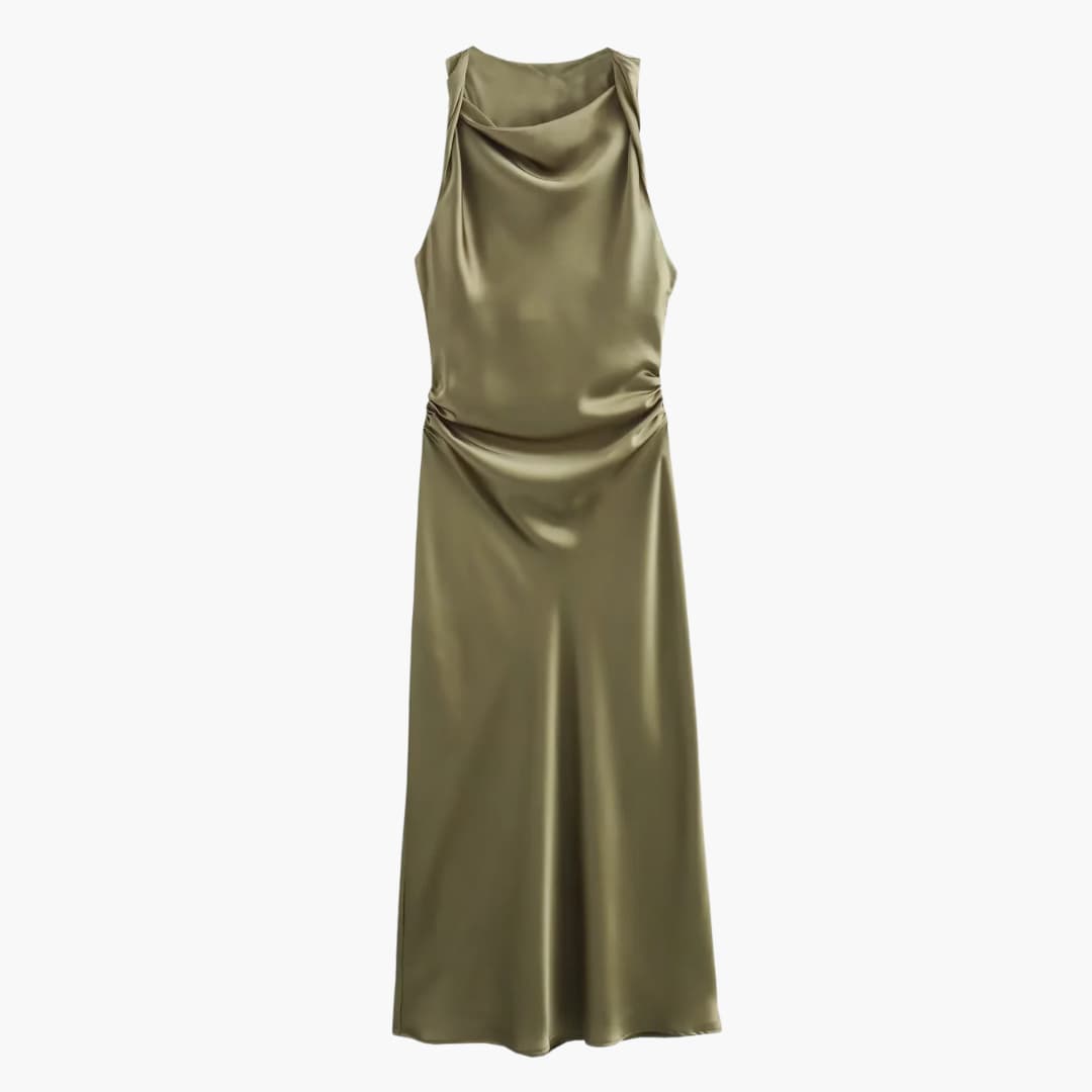 Cowl Neck Midi Dress for Women - Ruched Waist Party Style