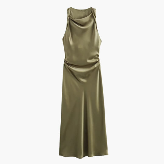 Cowl Neck Midi Dress for Women - Ruched Waist Party Style