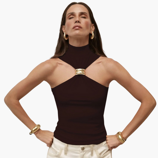 High Neck Halter Top with Gold Accent - Women's Evening Wear