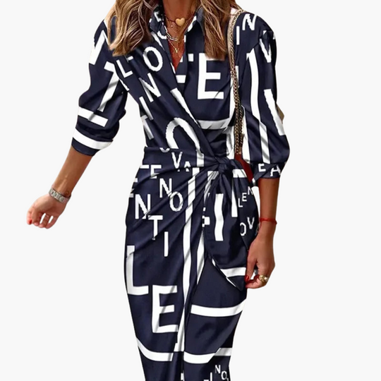 Midi Wrap Dress with 3/4 Sleeves for Women – Striped Pattern