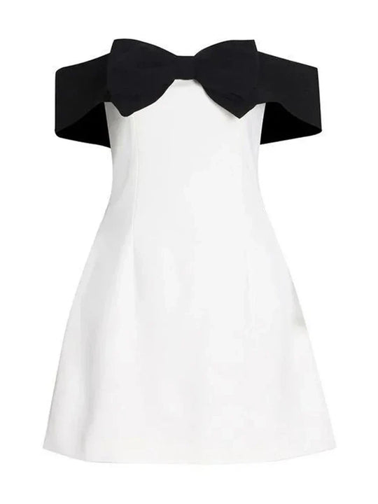 Sylira - Off-Shoulder Contrast Bow Mini Dress