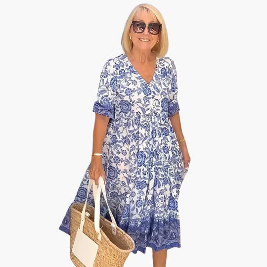 Boho Dress - Women’s Floral V-Neck Midi with Tiered Hem